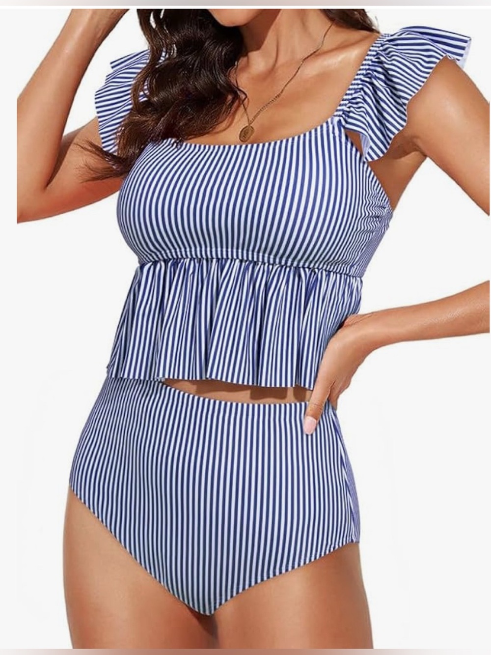 New-XXL Tankini 2026 Square Neck Ruffle Cap Sleeve Striped SwimSuit Bikini